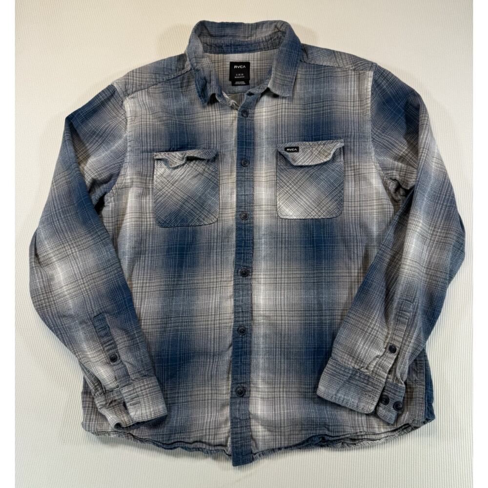 RVCA Plaid Flannel Shirt Blue Gray Ombre Cotton Button Up Mens L